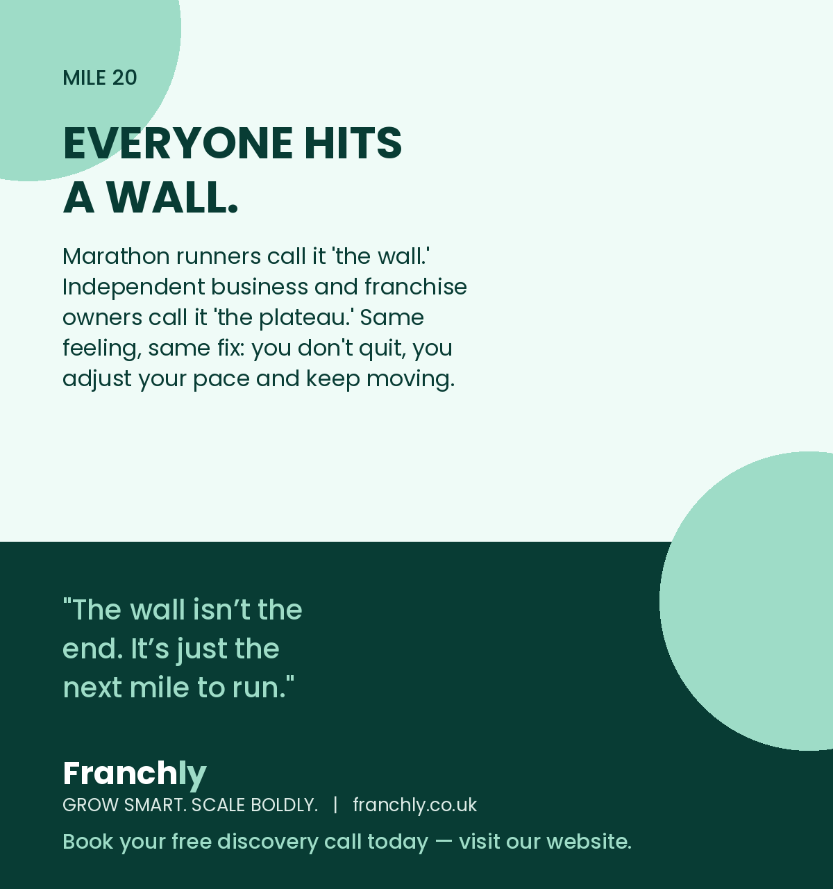 Mile 20: everyone hits a wall — the wall isn't the end, it's just the next mile to run.